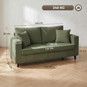 HOMCOM Canapea cu 2 Locuri de 170 cm din Catifea cu Nervuri, Șezut Lat și Adânc, Picioare din Lemn Masiv, Verde | Aosom Romania
