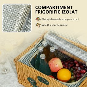 Outsunny Coș de Picnic din Răchită pentru 2 Persoane cu Zonă Frigorifică și Veselă, 40x30x20 cm, Maro Deschis | Aosom Romania