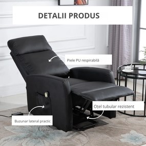 Fotoliu rabatabil cu sistem de ridicare, captusit, electric, 145° cu suport pentru picioare cu telecomanda din PU negru HOMCOM | Aosom Romania