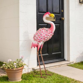 Outsunny Statuie de Grădină Flamingo, Sculptură de Pasăre din Metal cu Pene Florale, 28 x 19 x 83 cm, Roșu | Aosom Romania