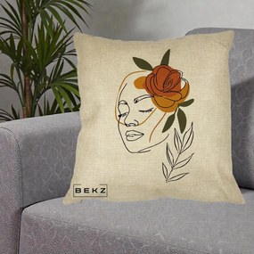 Perna Decorativa Portret Feminin Trandafir Ruginiu, 40x40 cm, Crem, Husa Detasabila, Perna Inclusa, BEKZ®