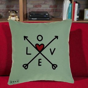 Perna Decorativa Love cu Sageti Incrucisate si Inima Rosie, 40x40 cm, Verde, Husa Detasabila, Perna Inclusa, BEKZ®
