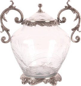 Borcan din sticlă gravată și aluminiu, argintiu, cu capac și mânere cu volute, aspect vintage, finisaj antichizat, 31 x 31 cm, „Amphore”