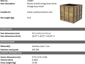 Ghiveci, Vas decorativ din otel inoxidabil Grid M alama vintage