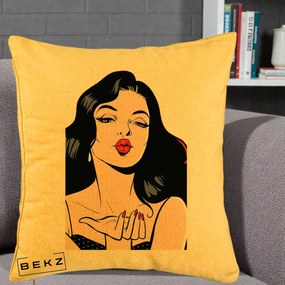 Perna Decorativa Femeie Pop-Art Kiss, 40x40 cm, Galben, Husa Detasabila, Perna Inclusa, BEKZ®