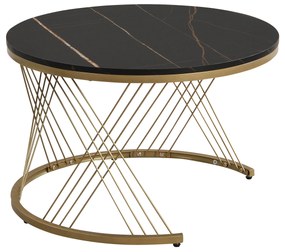 Set de 2 Măsuțe de Cafea Moderne Modulare din Marmură Sintetică cu Detalii Aurii și Sertare, Dimensiuni 70x70x45 cm și 50x50x40 cm, Negru