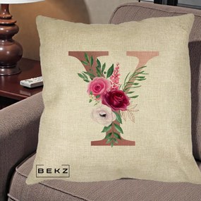 Cadou Personalizat - Perna Personalizata Monograma Rose Gold Litera Y, 40x40 cm, Crem, Husa Detasabila, Perna Inclusa, BEKZ®