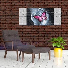 Tablou - Fluture roz în perete (120x50 cm)