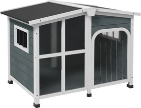 PawHut Căsuță pentru Câini din Lemn, cu Tendă de Protecție, Fereastră și Acoperiș Rabatabil, 101x66,5x70,5cm, Gri Închis | Aosom Romania