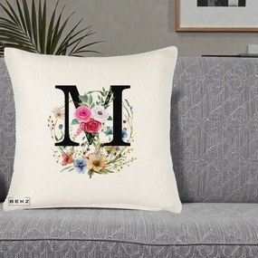 Cadou Personalizat - Perna Personalizata Monogram Litera M cu Flori Acuarela, 40x40 cm, Crem Reliefat, Husa Detasabila, Perna Inclusa, BEKZ®