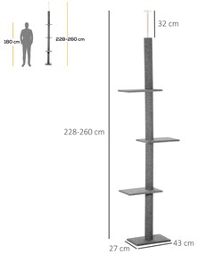 PawHut Stâlp de Zgâriat pentru Pisici pe 4 Niveluri și Fixare pe Tavan Reglabil, 43x27x228-260 cm, Gri | Aosom Romania