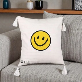 Perna Decorativa Smiley Face Galben Clasic, 40x40 cm, Bej cu Franjuri, Husa Detasabila, Perna Inclusa, BEKZ®
