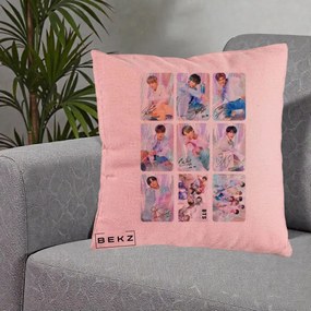 Perna Personalizata K-pop BTS Colaj 9 Fotografii Autografe Individual, 40x40 cm, Roz, Husa Detasabila, Perna Inclusa, BEKZ®