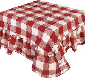 Față de masă din bumbac organic, rosu și alb, model în carouri cu volănaș decorativ, 150 × 250 cm, „Ida Stripe"