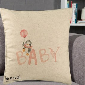 Perna Personalizata Baby Pinguin Roz, 40x40 cm, Bej, Husa Detasabila, Perna Inclusa, BEKZ®