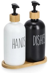 Set dozatoare de lichid si sapun cu suport de bambus, 2 x 500 ml