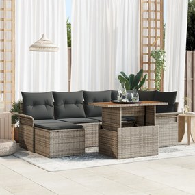 vidaXL Set de dining pentru grădină cu 7 piese, cu perne gri, din rattan poli și masă din acacia.