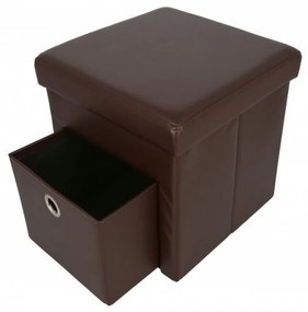 Taburet cu cutie de depozitare si sertar HouseXL™ 6100, Dimensiuni 38X38X38cm, Max 150 kg, Capac moale din piele ecologica, Maron