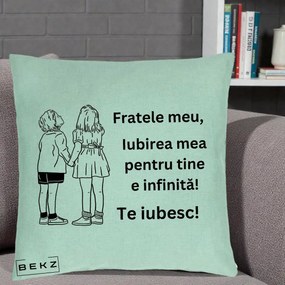 Cadou pentru Frate - Perna Personalizata Fratele Meu Te Iubesc Copii Tinand Maini Line Art, 40x40 cm, Verde Menta, Husa Detasabila, Perna Inclusa, BEKZ®