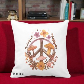 Perna Decorativa Peace Sign Ciuperci Floral, 40x40 cm, Alba Mata, Husa Detasabila, Perna Inclusa, BEKZ®