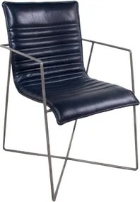 Scaun dining cu brațe tapițat eclectic din piele naturală și metal, albastru, cu cusături în canale și bază în X, 87 x 60 x 53 cm, „Saint-Tropez”