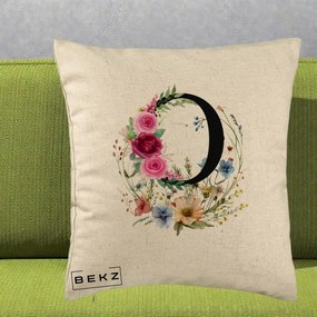 Cadou Personalizat - Perna Personalizata Monogram Litera O cu Flori Acuarela, 40x40 cm, Bej, Husa Detasabila, Perna Inclusa, BEKZ®