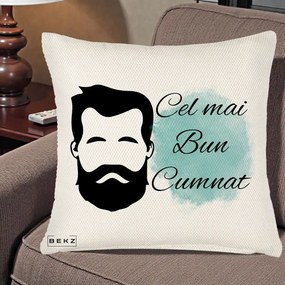 Cadou pentru Cumnat - Perna Personalizata Cel mai Bun Cumnat cu Portret Barbat si Pete Teal, 40x40 cm, Crem Reliefat, Husa Detasabila, Perna Inclusa, BEKZ®