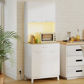 HOMCOM Credență Modernă cu Lumini, Prize USB, 2 Dulapuri și Sertar Alb | Aosom Romania