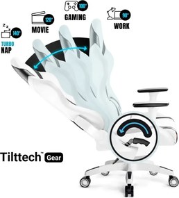 RESIGILAT- Scaun gaming, ergonomic, masaj pernă lombară, brațe reglabile 2D, piele PU, roți silențioase, rezistent 150 KG, Alb/Negru