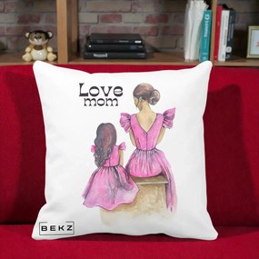 Cadou pentru Mama - Perna Personalizata Love Mom Rochii Roz, 40x40 cm, Alba Mata, Husa Detasabila, Perna Inclusa, BEKZ®