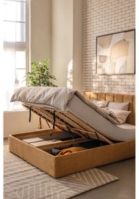 Pat matrimonial galben muștar tapițat cu spațiu de depozitare cu somieră 160x200 cm Thessa Bold Line – Bonami Selection