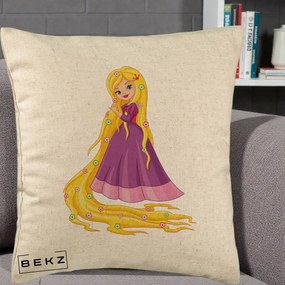 Perna Personalizata Rapunzel Par Lung Floral, 40x40 cm, Bej, Husa Detasabila, Perna Inclusa, BEKZ®