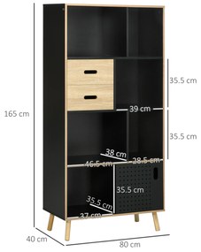 Biblioteca Moderna din MDF si PAL cu 2 Sertare si 7 Rafturi Deschise, 80x40x165 cm, Negru si Lemn natur HOMCOM | Aosom RO