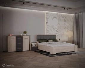 Dormitor Barry, Dulap 4 Usi, Pat tapitat 160x200, 2 Noptiere, Comoda 2 Usi 3 Sertare