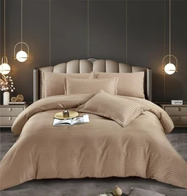 Set 10 Lenjerii Horeca, Pat Dublu, 100% Damasc Premium, 6 Piese - Bej