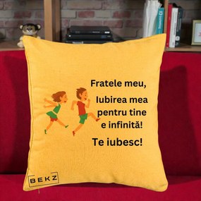 Cadou pentru Frate - Perna Personalizata Fratele Meu Te Iubesc Copii Alergand Colorat, 40x40 cm, Galben, Husa Detasabila, Perna Inclusa, BEKZ®