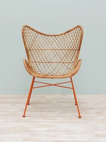 Scaun dining tip fotoliu împletit din ratan, bej, cu spătar în formă de fluture și picioare portocalii din metal, 89,5 x 67,5 x 66 cm, „Tangerine”