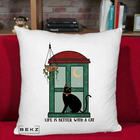 Perna Personalizata Life is Better with a Cat Geam, 40x40 cm, Alb Pufos, Husa Detasabila, Perna Inclusa, BEKZ®