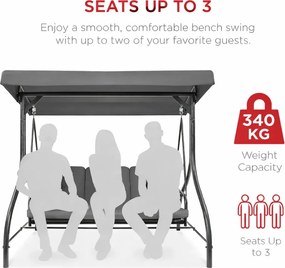 Leagan de grădină, șezlong tip pat, 3 locuri, copertina reglabila, cadru otel, 194x120x173 cm, Gri