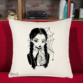 Perna Personalizata Wednesday cu Panza de Paianjen, 40x40 cm, Crem Reliefat, Husa Detasabila, Perna Inclusa, BEKZ®
