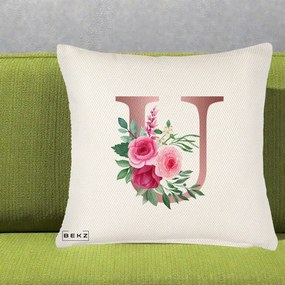 Cadou Personalizat - Perna Personalizata Monograma Rose Gold Litera U, 40x40 cm, Crem Reliefat, Husa Detasabila, Perna Inclusa, BEKZ®