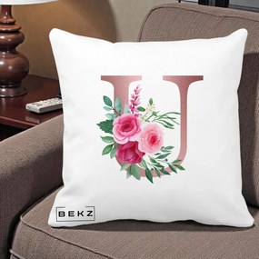 Cadou Personalizat - Perna Personalizata Monograma Rose Gold Litera U, 40x40 cm, Alba Mata, Husa Detasabila, Perna Inclusa, BEKZ®