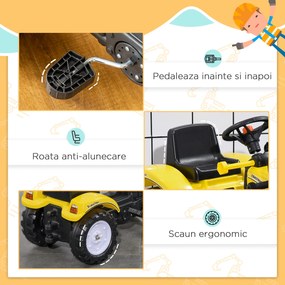 HOMCOM Excavator cu Pedale pentru Copii de 3 Ani cu Cupă Frontală și Volan, 114x41x52 cm, Galben | Aosom Romania