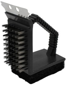 Perie 3 în 1 pentru curățare grătar – cu peri metalici, racletă și burete abraziv