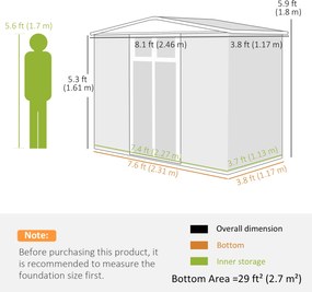 Outsunny Șopron pentru unelte de grădină din oțel zincat cu 2 uși, 246x117x180 cm, Gri deschis | Aosom Romania