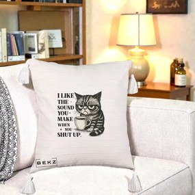 Perna Decorativa I Like the Sound You Make Pisica, 40x40 cm, Bej cu Franjuri, Husa Detasabila, Perna Inclusa, BEKZ®