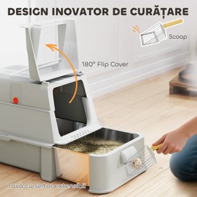 PawHut Litieră închisă pentru pisici de 80L cu tavă detașabilă, din ABS și oțel inoxidabil, 63x43x43 cm, gri deschis | Aosom Romania
