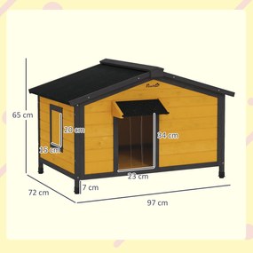 PawHut Caseta pentru Câini Exterior cu Acoperiș Asfaltic Rabatabil Ferestre și Bază Detașabilă 97x72x65 cm Lemn Natural | Aosom Romania