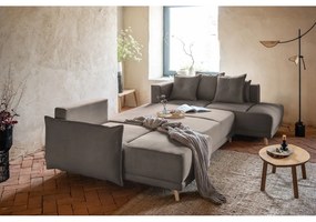 Colțar maro deschis extensibil cu tapițerie din catifea reiată (colț dreapta/în formă de "U") Lazy Lukka – Miuform