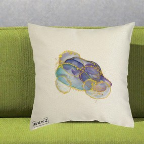 Perna Decorativa Abstract Acuarela Albastru-Mov cu Cercuri Aurii, 40x40 cm, Ecru, Husa Detasabila, Perna Inclusa, BEKZ®